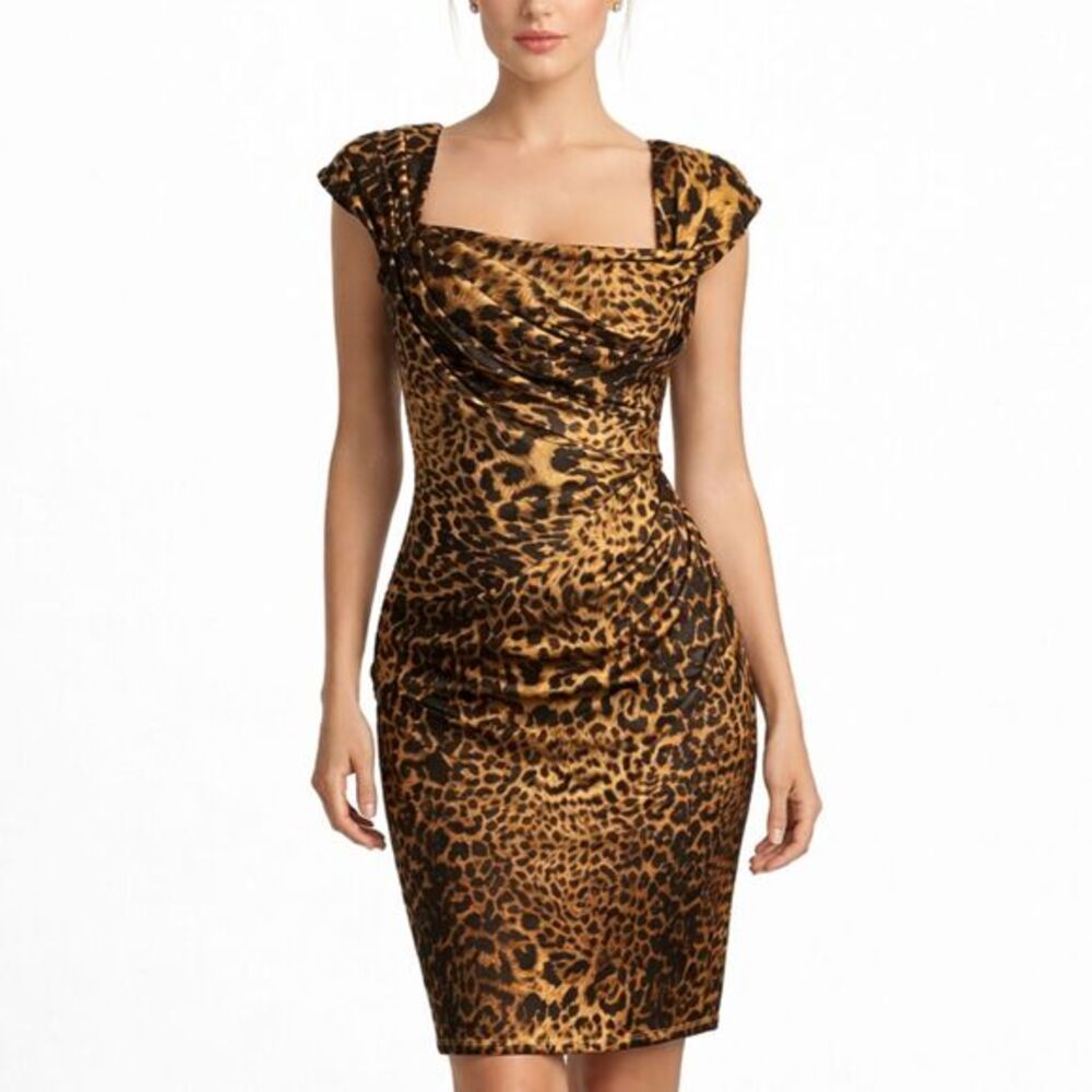 TADASHI Collection Dress Leopard Print‎ Ruched Bodycon Women’s Size 6 Midi
